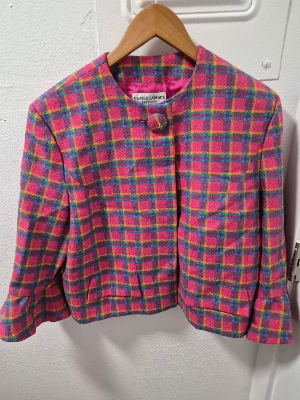 Olivier Lapidus Boutique Paris Womens Pink Plaid Wool Cropped Jacket Size 42